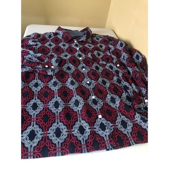 TOMMY HILFIGER Navy w/ Red & White Knotted Rope Print Tabbed Sleeve Shirt Sz 1X - Picture 12 of 13